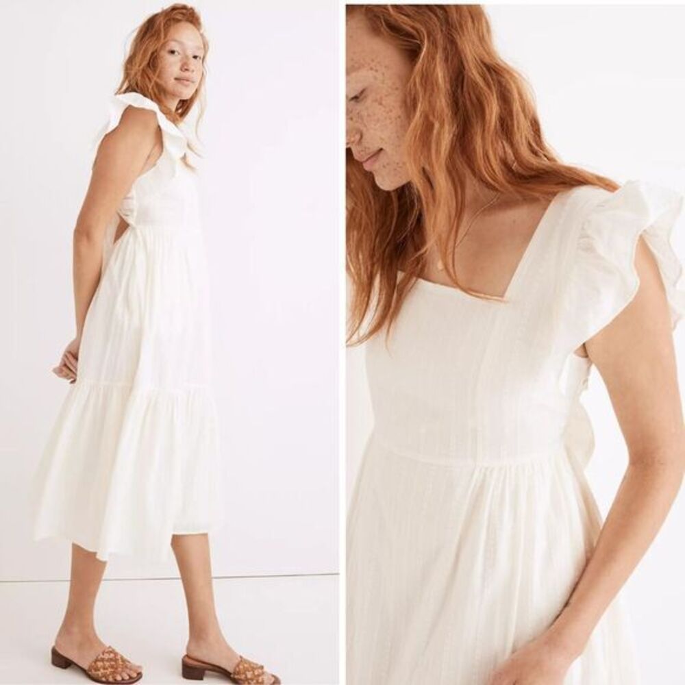 NEW Madewell Ruffle-Strap Tiered‎ Midi Dress in Textural Stripe, XL - Picture 3 of 16